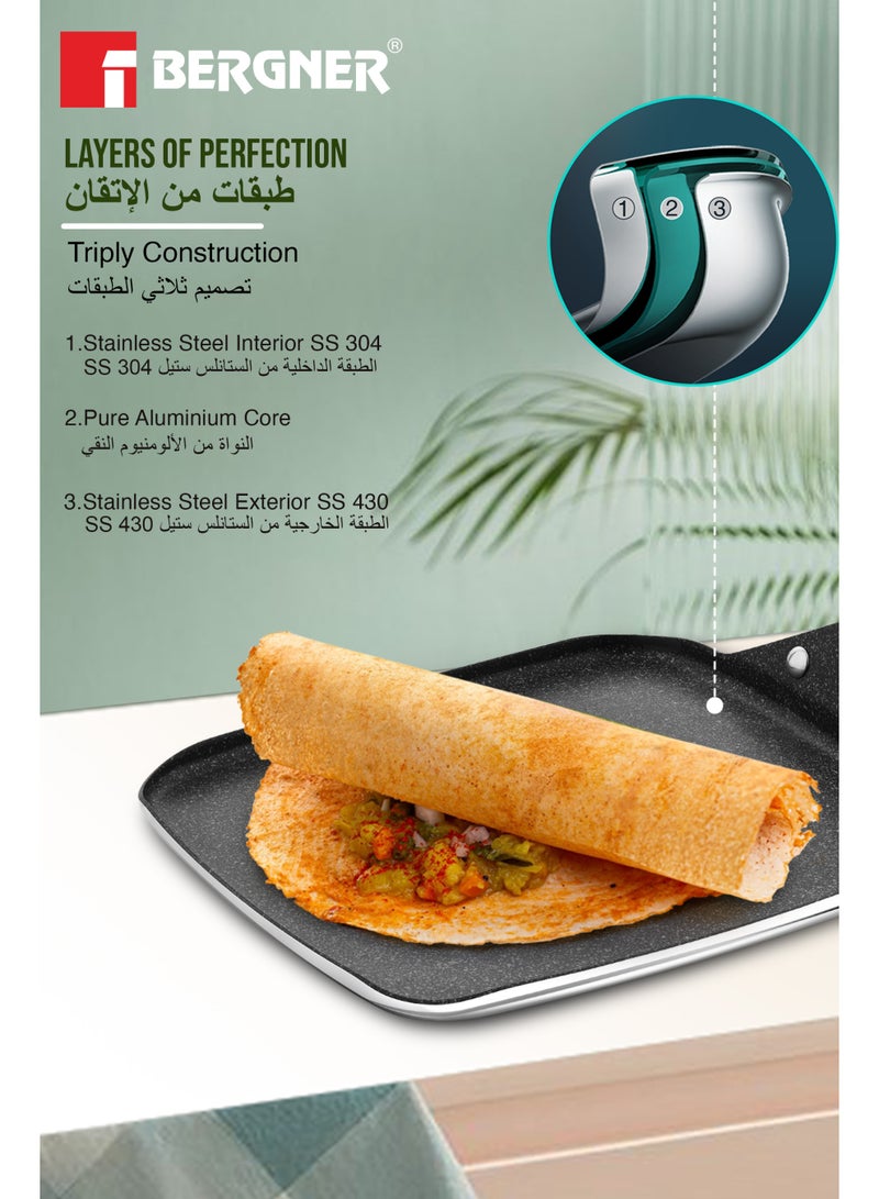 Bergner 27cm Triply Stainless Steel Square Multi Crepe Pan with Quantanium Nonstick Coating, Low-Oil Heralthy Cooking Tawa for Dosas, Roti, Pancakes, Fast Even Heating,  Gas & Induction Compatible - Image 3